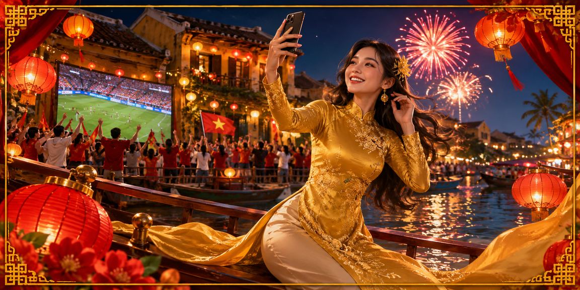 Người dùng truy cập casino di động tại Hội An với trang phục áo dài